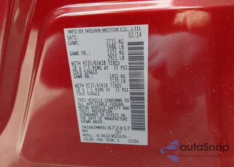 2014 Nissan Pathfinder Platinum/S/Sl/Sv from USA, damaged, VIN 5N1AR2MMXEC672457